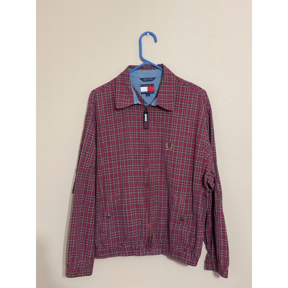 Vintage Tommy Hilfiger Plaid Harrington Jacket Mens Medium Red Full Zip Crest